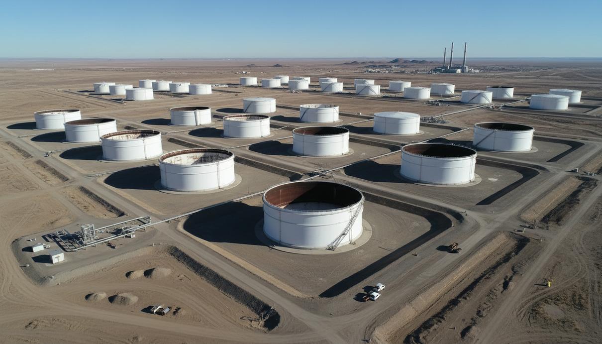 Ряды огромных белых резервуаров для хранения нефти на территории стратегического нефтехранилища, вид с воздуха.