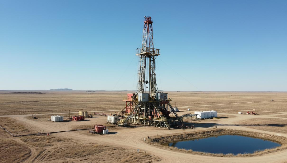 Нефтяная буровая вышка в прериях бассейна Анадарко, штат Оклахома, США.