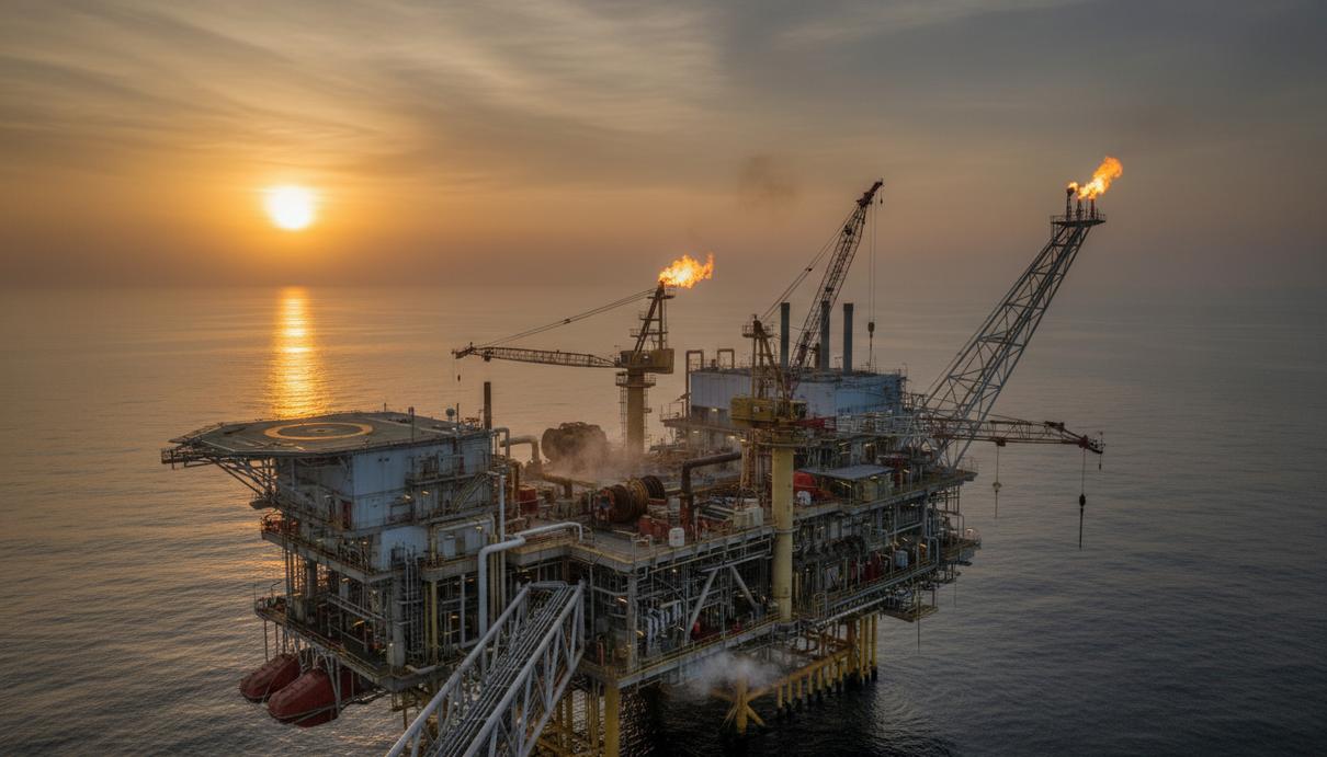Морская нефтедобывающая платформа в океане на рассвете. Солнечный свет отражается от спокойной воды у побережья Ганы.