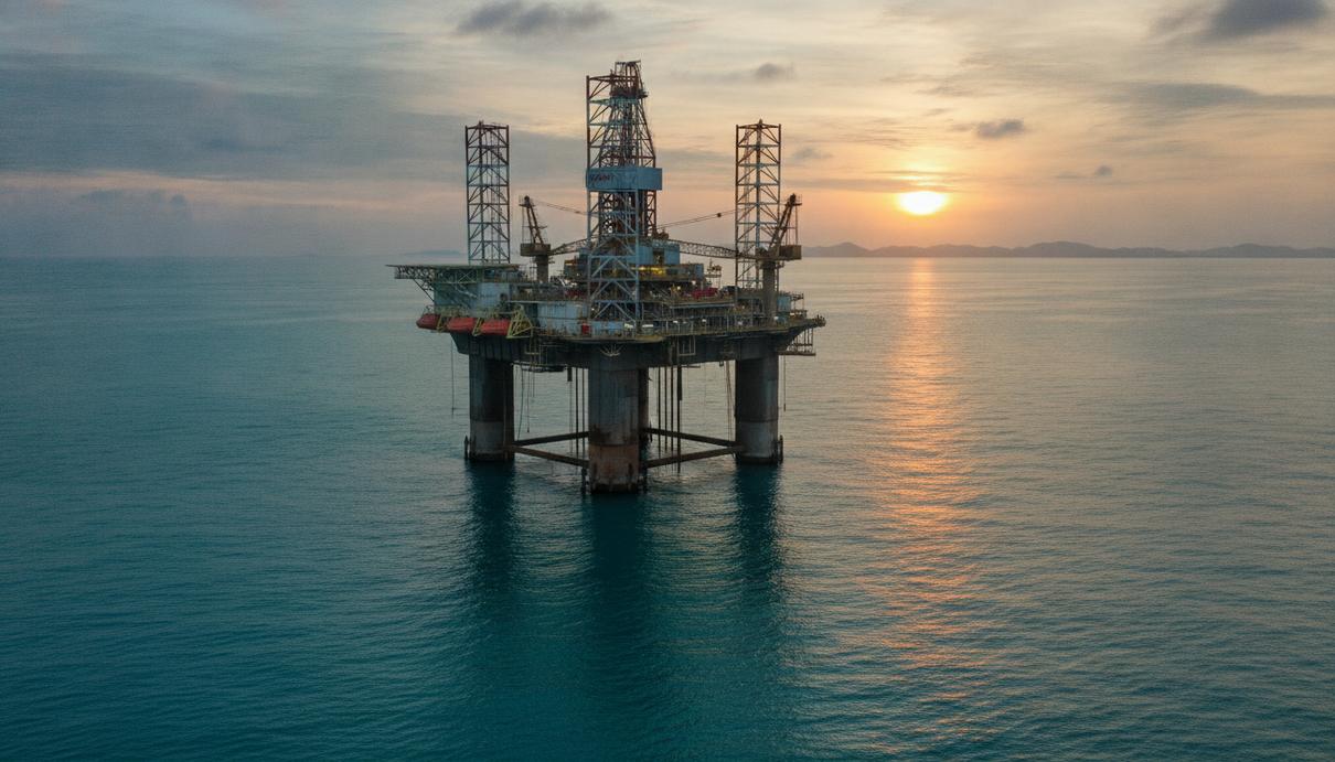 Полупогружная буровая установка Hakuryu-5 в Тиморском море на рассвете, вид на океан и далёкую береговую линию.