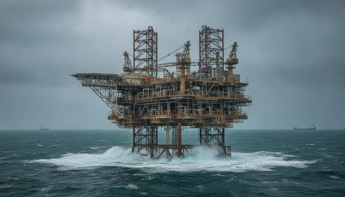 Морская нефтегазовая платформа в Северном море. Стальная конструкция с трубами и модулями в серых, неспокойных водах.