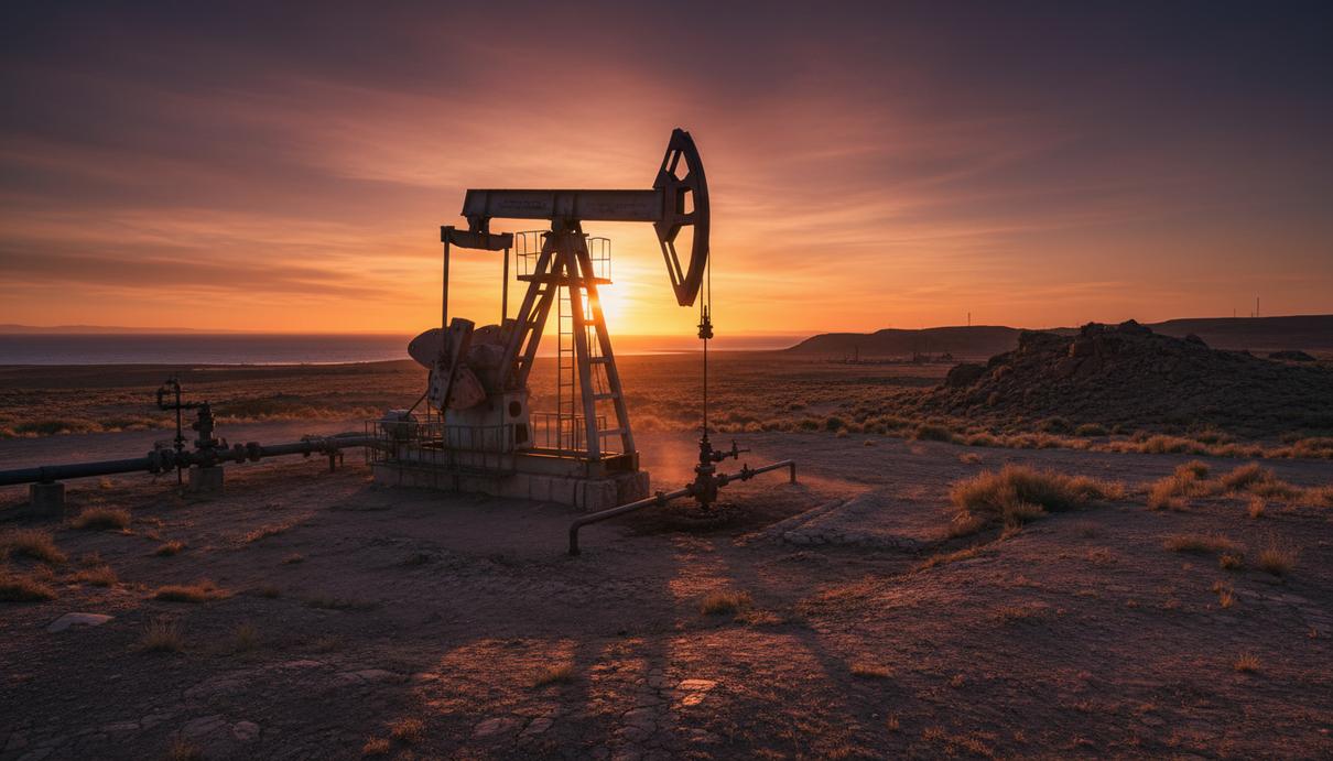 Старый нефтяной насос-качалка в пустынном пейзаже бассейна Гольфо-Сан-Хорхе в аргентинской Патагонии на закате.