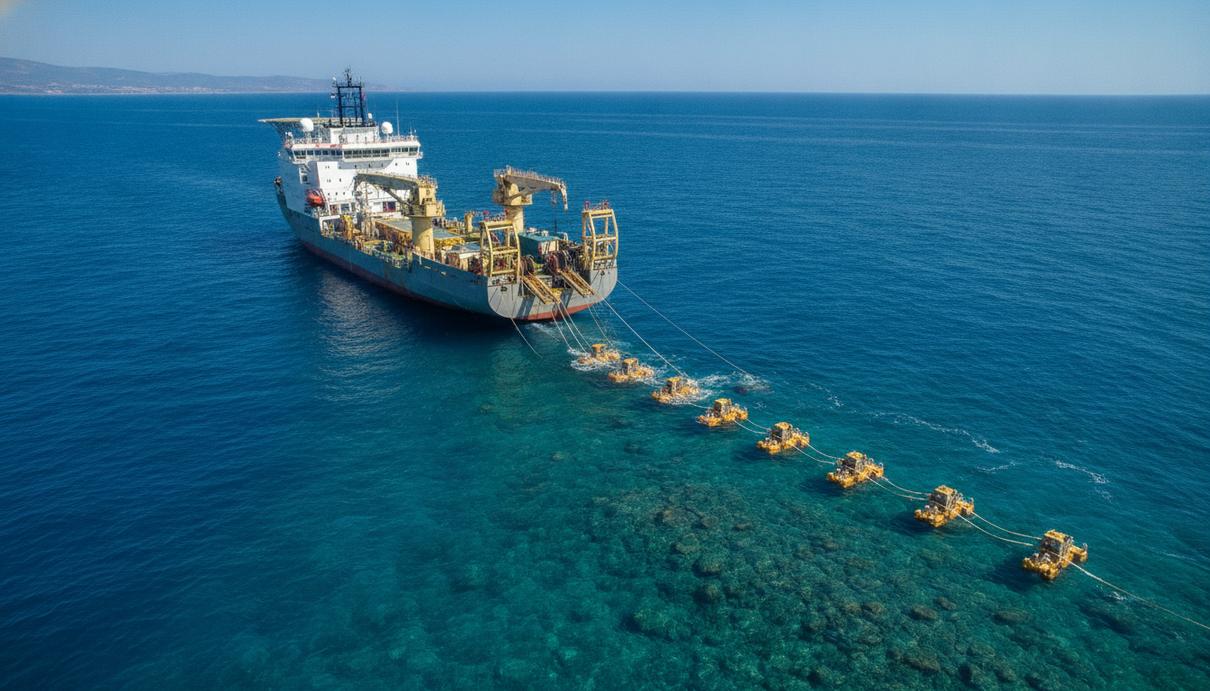 Сейсморазведочное судно в Средиземном море опускает на морское дно оборудование для поиска месторождений газа.