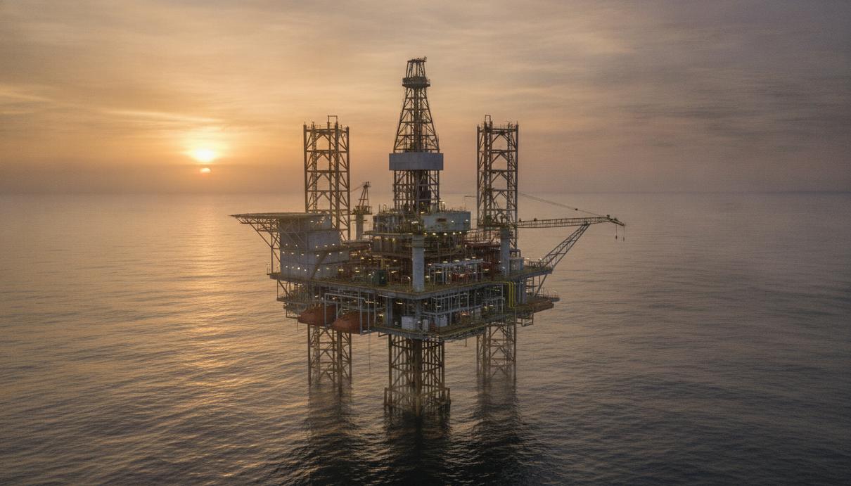 Морская нефтедобывающая платформа в Атлантическом океане у побережья Намибии на рассвете.
