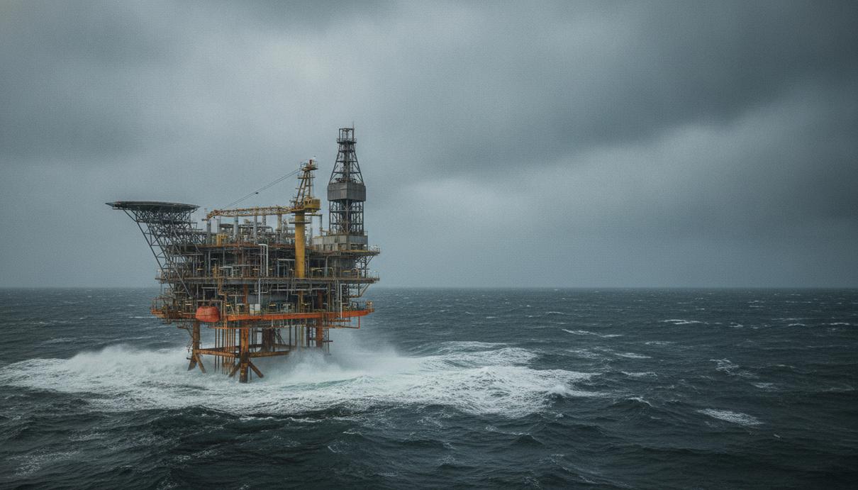 Морская газодобывающая платформа в Северном море в штормовую погоду под пасмурным небом.