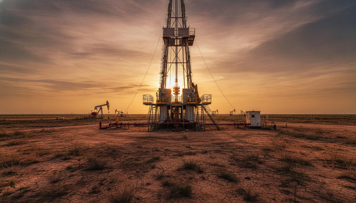 Новая установка для ремонта скважин в нефтяном поясе Ориноко в Венесуэле на закате.