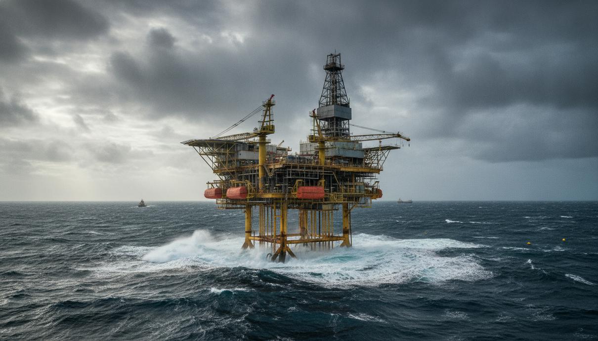 Морская нефтедобывающая платформа проекта Sea Lion в неспокойных водах Южной Атлантики под пасмурным небом.