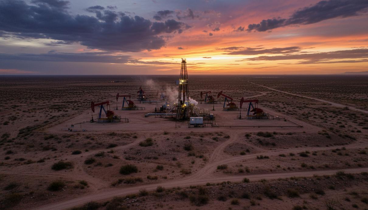 Нефтяная вышка и насосы-качалки на месторождении в пустынной местности бассейна Delaware в Нью-Мексико на закате.