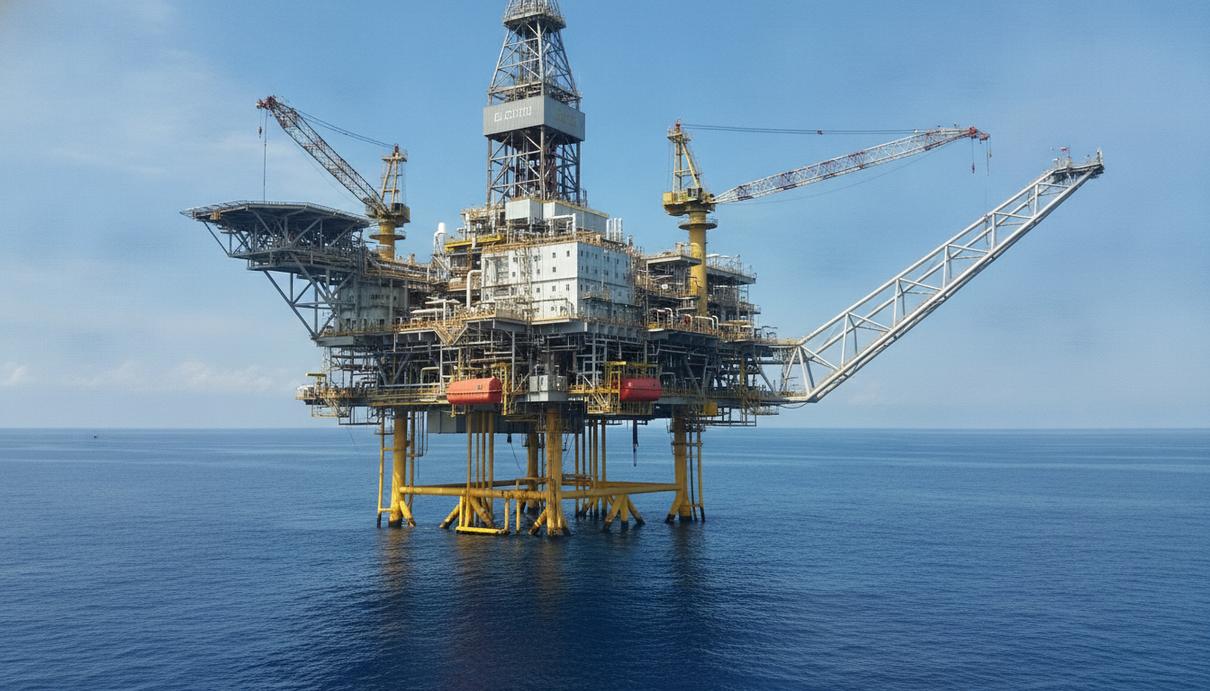 Современная морская нефтегазовая буровая платформа в открытом море. Вид на сложное инженерное оборудование и инфраструктуру.