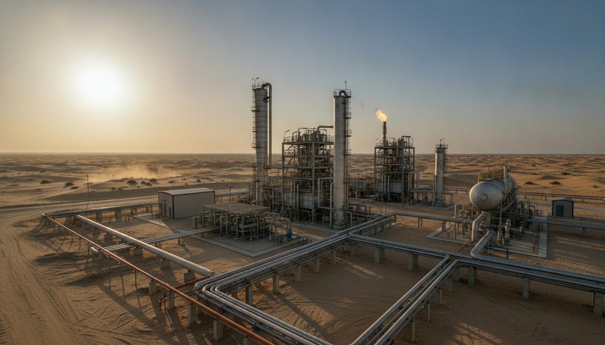 Eni создает новый газовый хаб в Западной пустыне Египта Современный газоперерабатывающий завод с трубопроводами и промышленными сооружениями в египетской пустыне на рассвете.