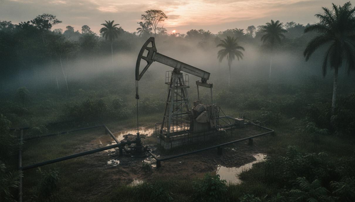 Нефтяная качалка на месторождении в густых джунглях Перу на рассвете.