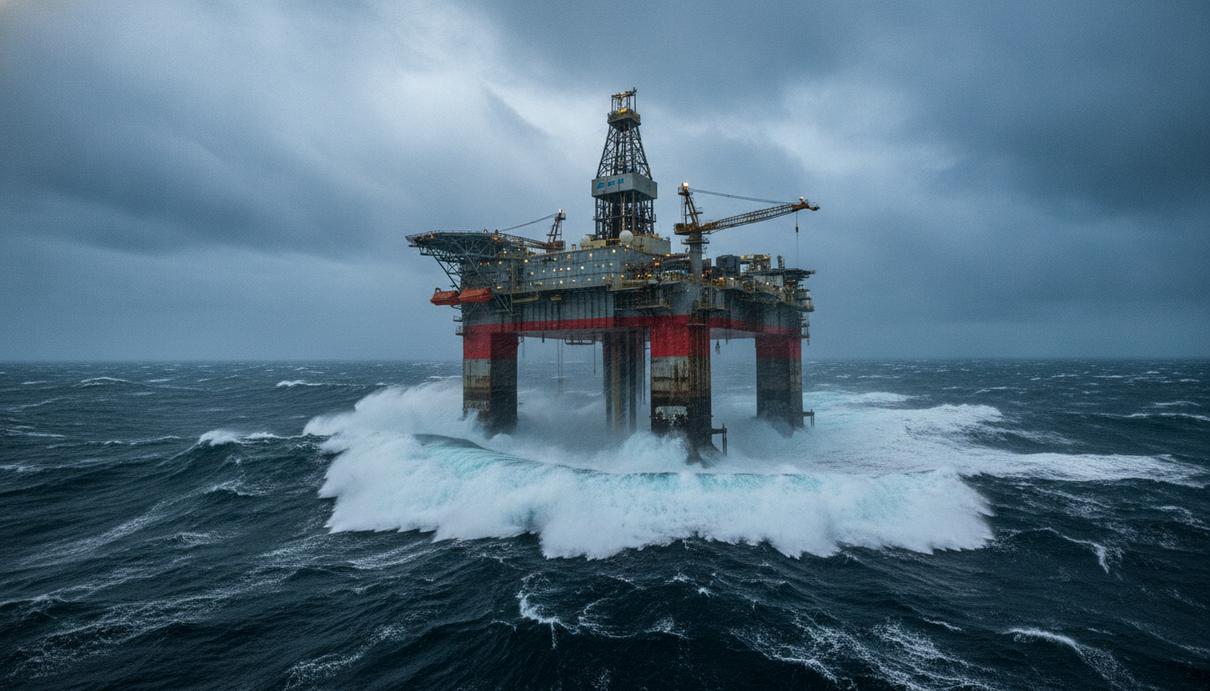 Полупогружная буровая установка Deepsea Atlantic в открытом море во время шторма. Большие волны бьются о ее опоры.