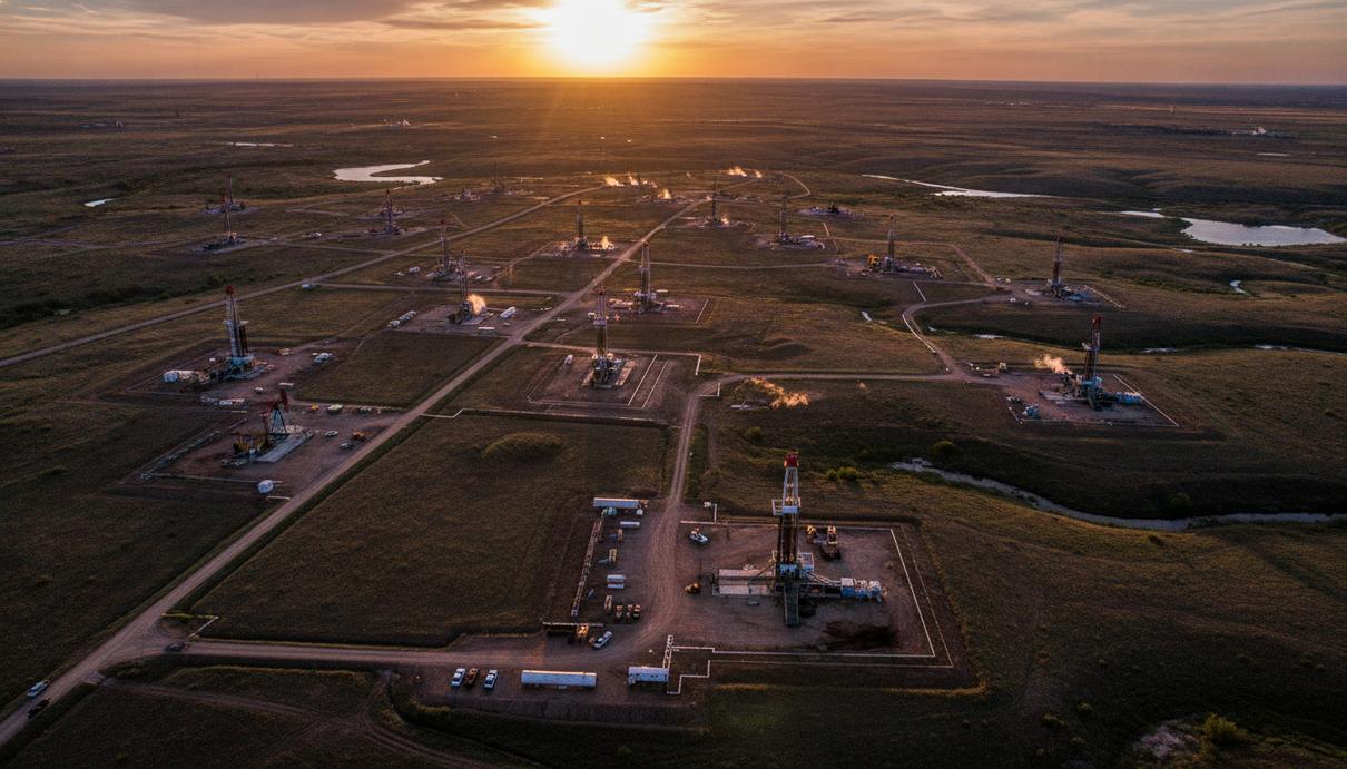 Нефтяные буровые вышки и скважины в бассейне Анадарко, США. Вид с воздуха на месторождение на рассвете.