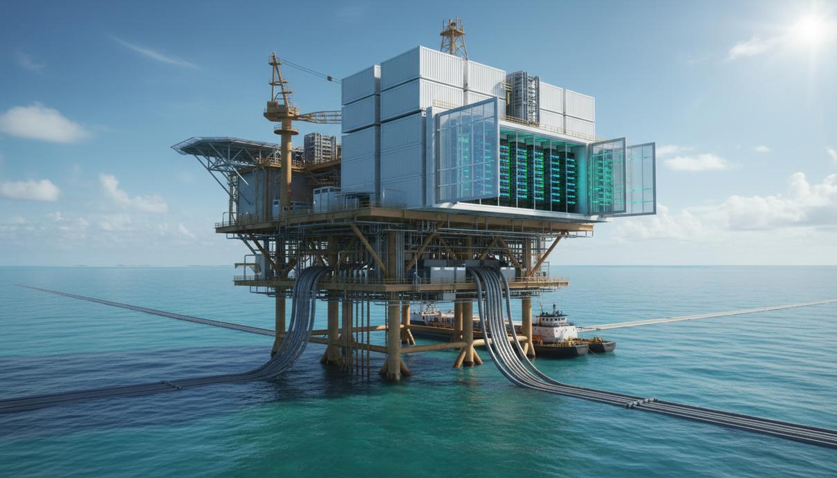 Морская нефтегазовая платформа, на палубе которой установлен контейнерный модуль с серверными стойками дата-центра.