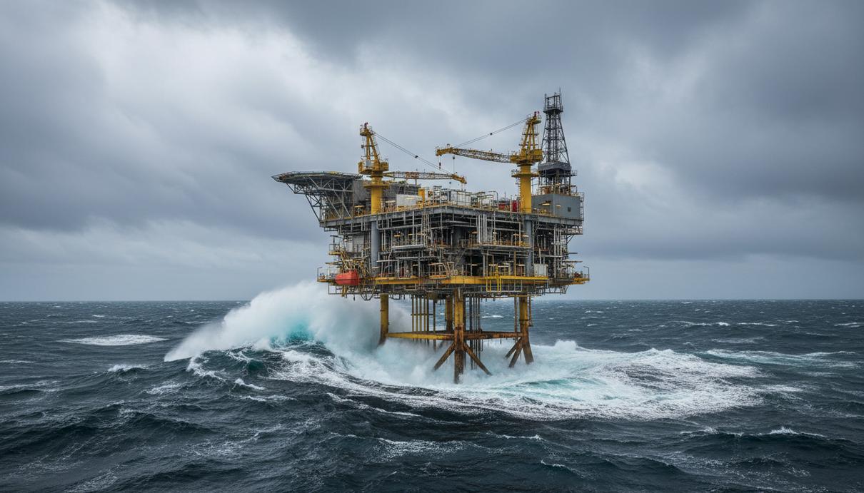 Норвегия оценит ресурсы старого газового открытия в Баренцевом море Морская газодобывающая платформа в штормовых водах Баренцева моря под пасмурным небом.