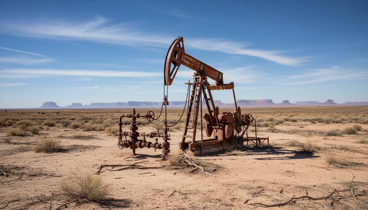 Техас установил рекорд по ликвидации бесхозных нефтегазовых скважин Старая заброшенная нефтяная скважина с ржавым оборудованием в пустынном пейзаже Техаса.
