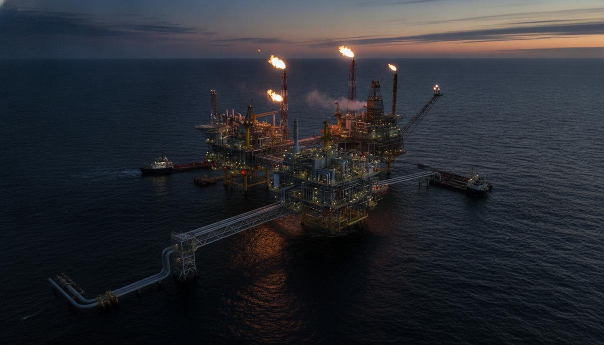Морская газодобывающая платформа «Тролль C» в Северном море, вид на промышленные конструкции и трубопроводы на закате.