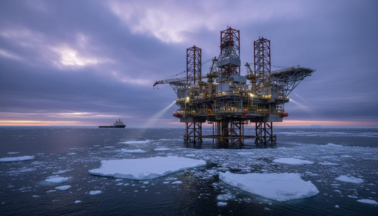 Морская нефтегазовая платформа в Баренцевом море в окружении льдов на фоне холодного закатного неба