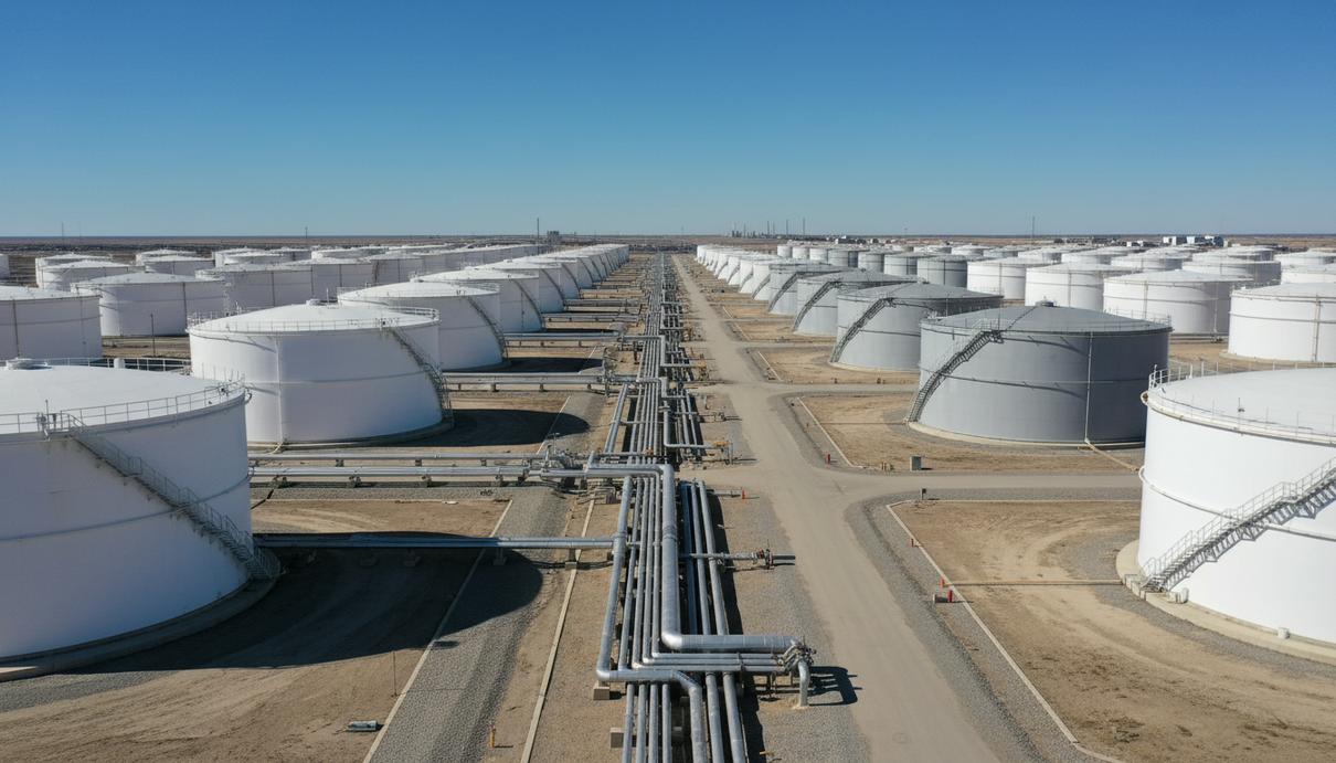 Ряды гигантских цилиндрических резервуаров для хранения нефти на территории стратегического нефтехранилища.