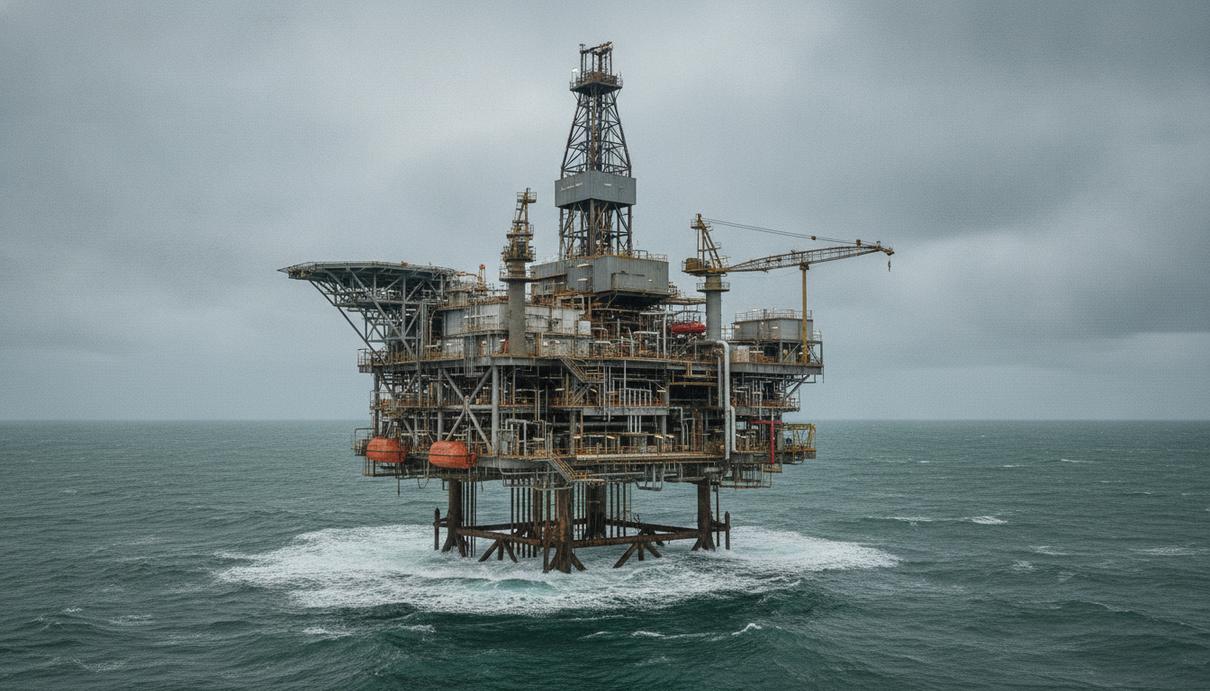 Морская нефтегазовая платформа в Северном море в пасмурную погоду. Стальная конструкция с трубами и оборудованием стоит в воде.