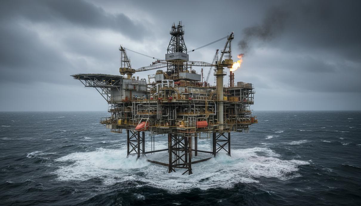 Морская нефтегазовая платформа компании Aker BP в Северном море. Видны буровые вышки, трубопроводы и вертолетная площадка.