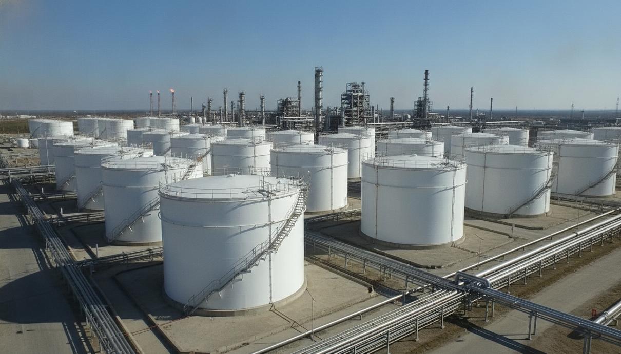 Крупные белые промышленные резервуары для хранения нефти и топлива на территории нефтеперерабатывающего завода.