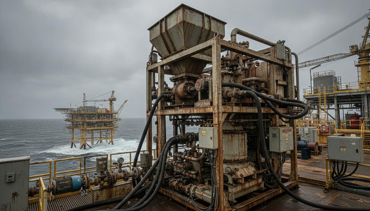 Морская нефтегазовая платформа в Северном море с крупным планом оборудования для переработки буровых отходов на палубе.