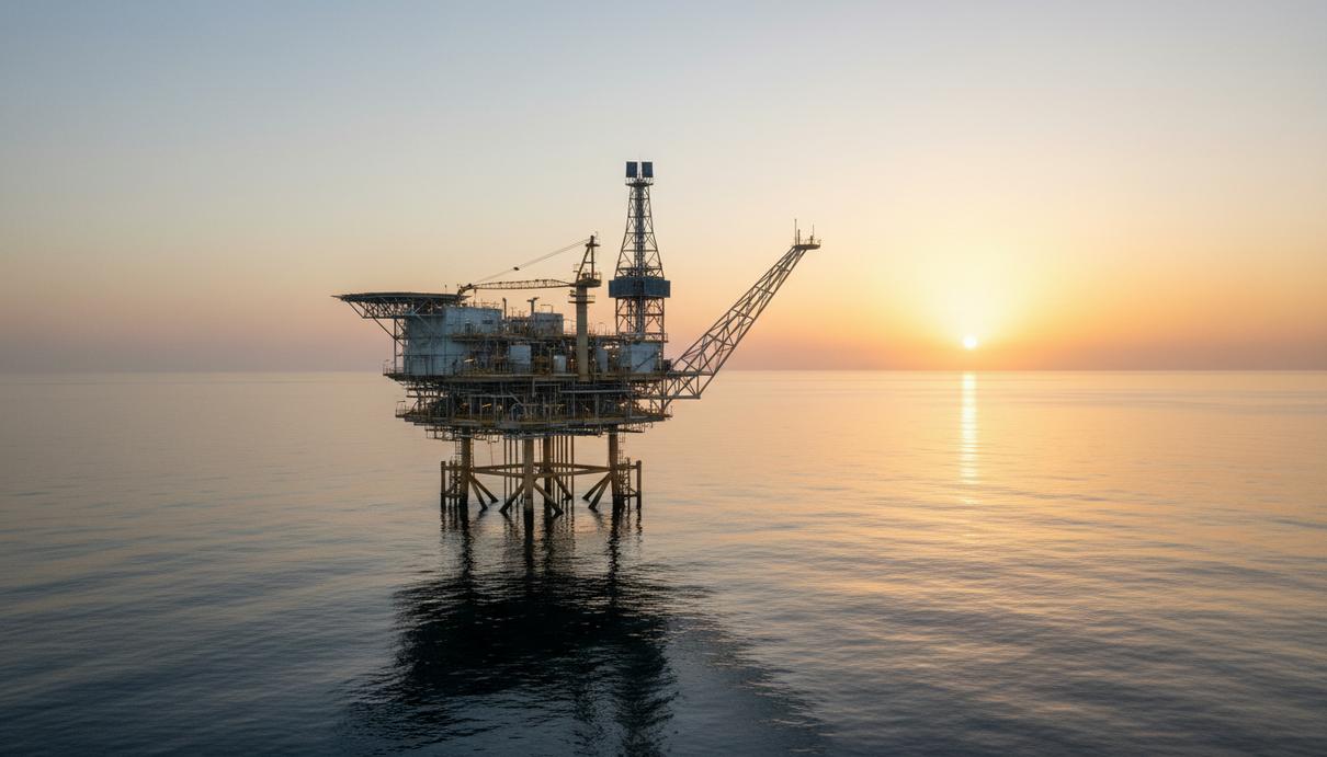 Морская газовая платформа в Атлантическом океане у побережья Сенегала на рассвете.