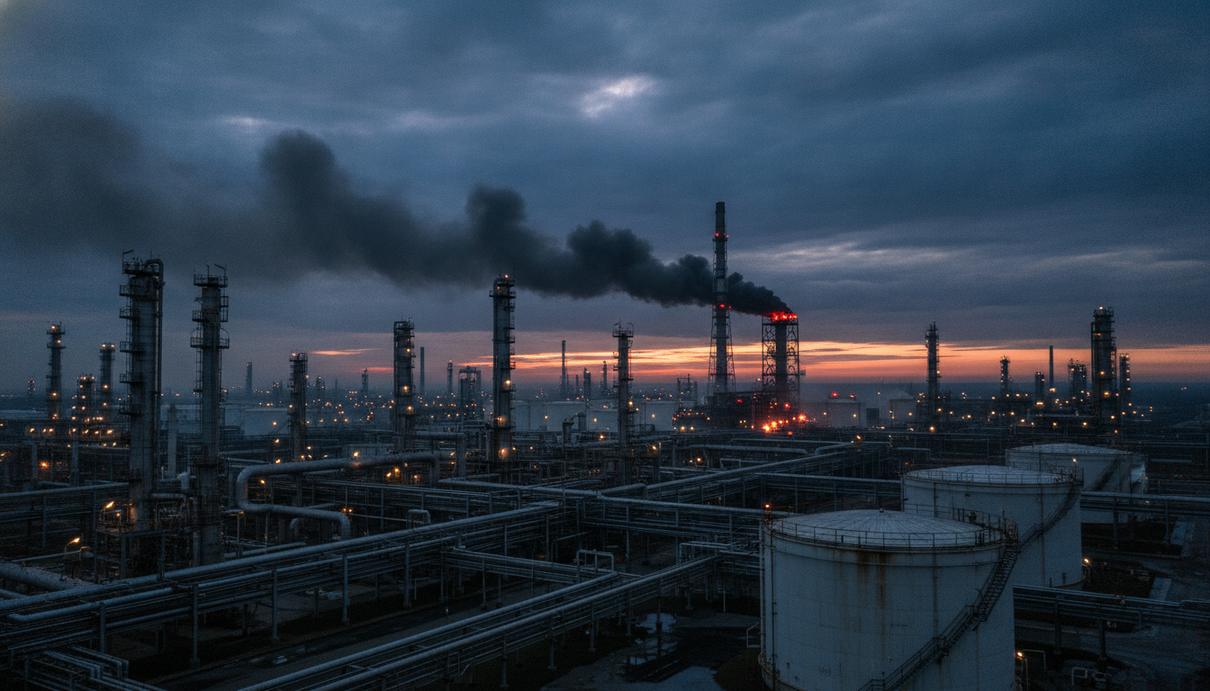 Крупный нефтеперерабатывающий завод на закате, из одной из промышленных труб вдалеке поднимается столб дыма.