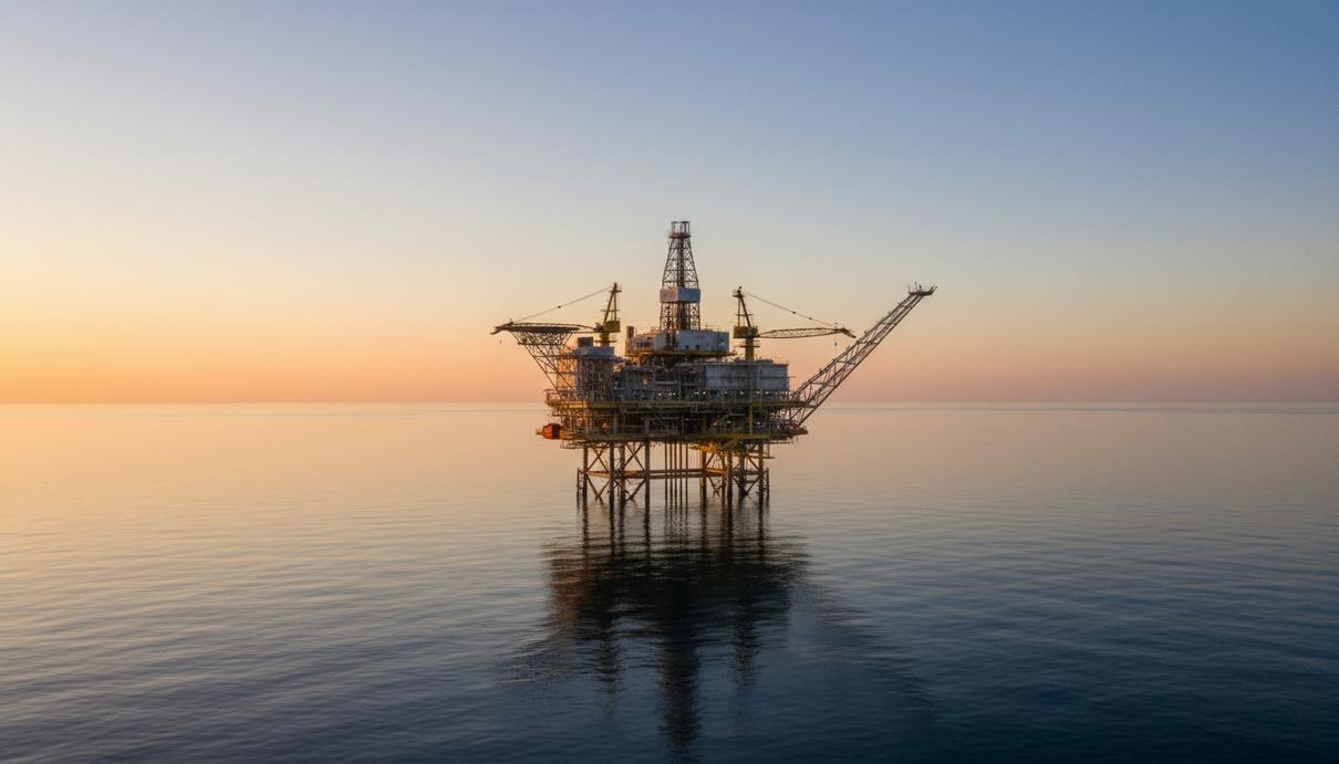 Chevron проведёт перестановки в топ-менеджменте с 1 января 2027 года Морская нефтегазовая платформа в океане на рассвете при ясном небе.
