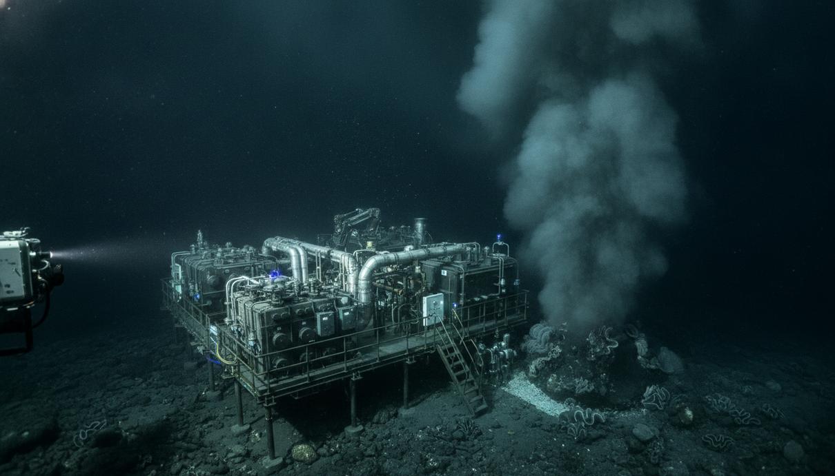 Подводная геотермальная электростанция на морском дне рядом с активным гидротермальным источником у подводного вулкана.