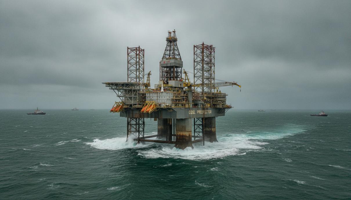 Морская буровая установка в Норвежском море. Платформа для добычи газа и конденсата в пасмурную погоду.