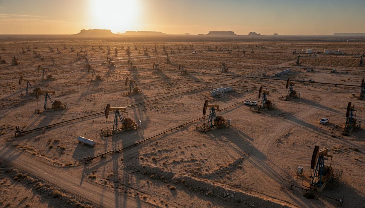 Нефтяное месторождение в Техасе на рассвете. Множество нефтяных вышек-качалок на фоне пустынного пейзажа.