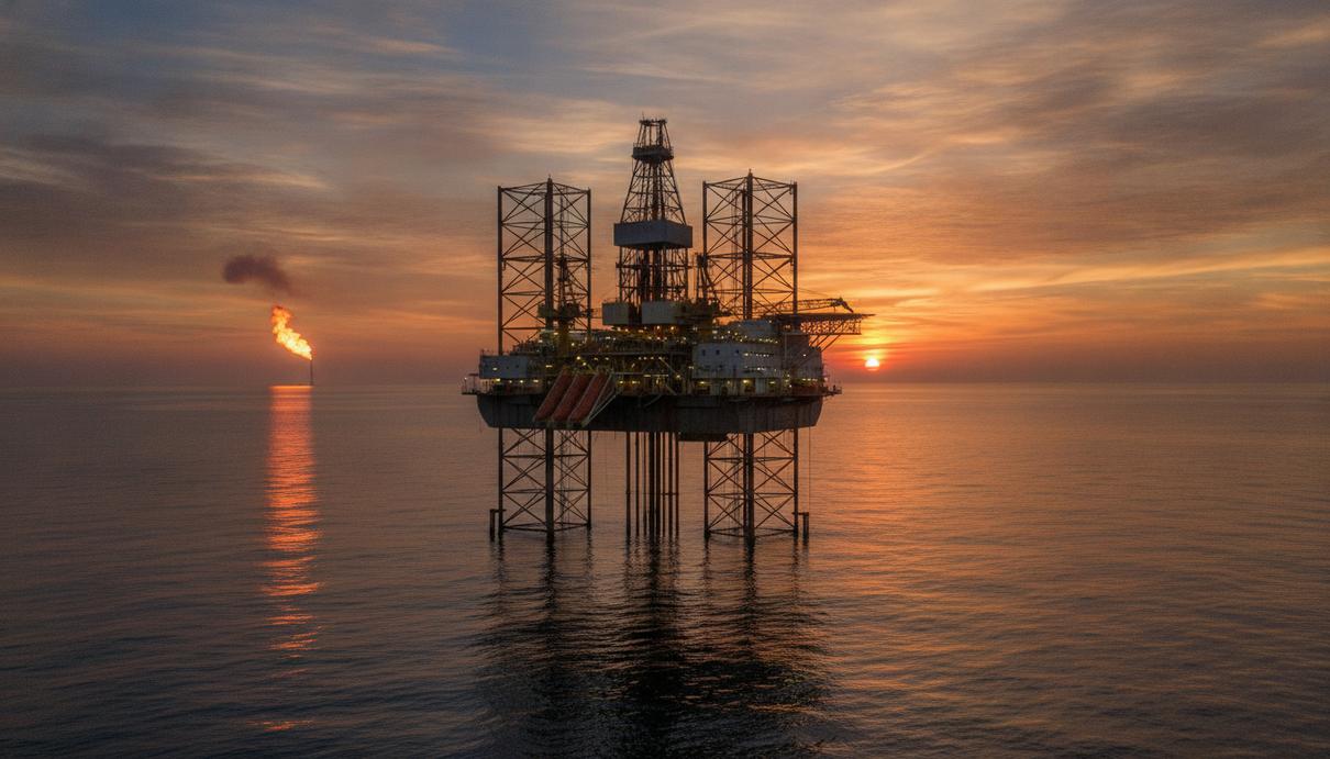 Морская полупогружная буровая установка в открытом море на фоне заката, на горизонте виден газовый факел.