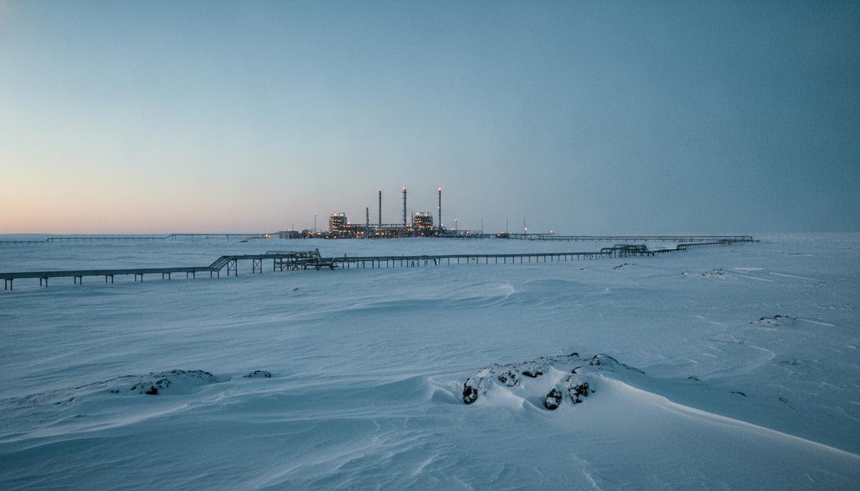 USGS утроила оценку запасов газа на Северном склоне Аляски Газоперерабатывающий завод и трубопроводы на заснеженной равнине Северного склона Аляски.